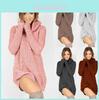 Elegant Women's Warm Knitted Jumper Mini Dress With High Neck Chunky Sweater Top