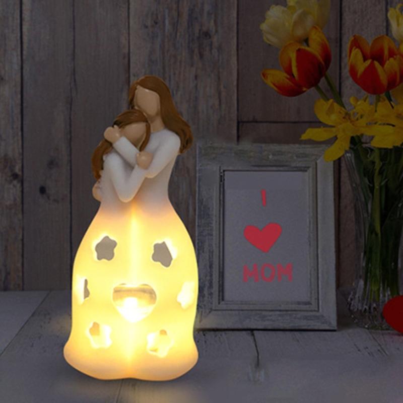 Mother and Daughter Resins Figurine Heartwarmings Gift with Flickering LED Candle for Mother Day or Christmas Birthday