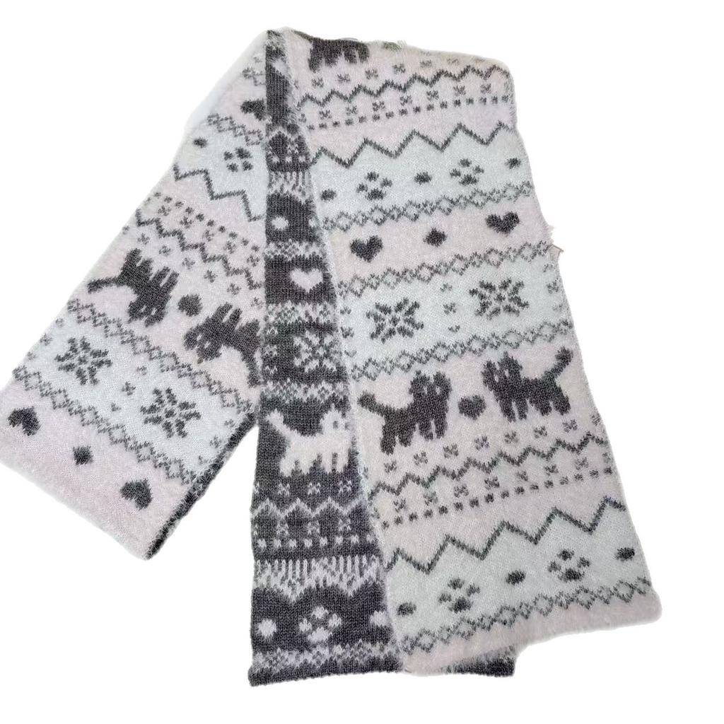 Fair Island Jacquard Cute Cat Plush Knitted Scarf Women's Autumn and Winter Korean Atmosphere Warm Versatile Scarf