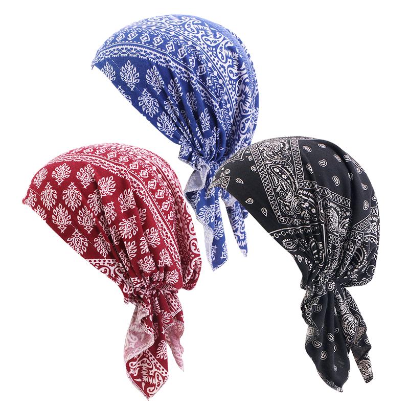 Women Printed Muslim Turban Pre-tie Style Cancer Chemo Hat Beanie Scarf Turban Head Wrap Cap  Headwear Lady Hair Accessories
