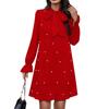 Women's Spring New Tie-up Beaded Long Sleeve Loose Solid Color Dress