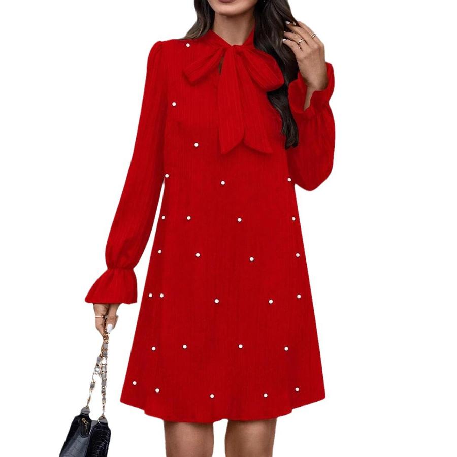 Women's Spring New Tie-up Beaded Long Sleeve Loose Solid Color Dress