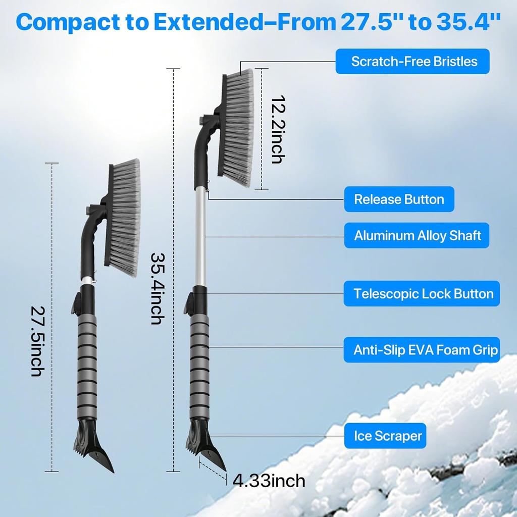 35.4" Ice Scrapers For Car Windshield, Extendable Snow Brush For Car With Foam Grip, Snow Scraper For SUV Truck - Gray