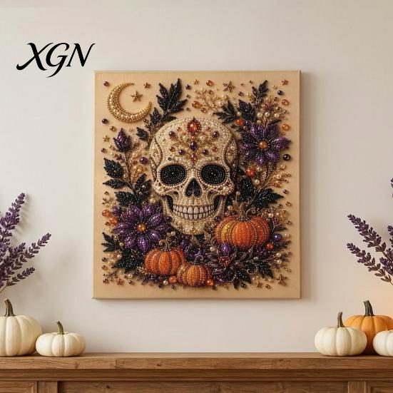 Handgemachtes Geschenk für Bastelfreunde 2 Stück Halloween Kunst mit Kunstperlen, Geisterkürbis Hexe Krähe Malerei DIY Funkelndes Perlen-Set Kit, 3D Totenkopf