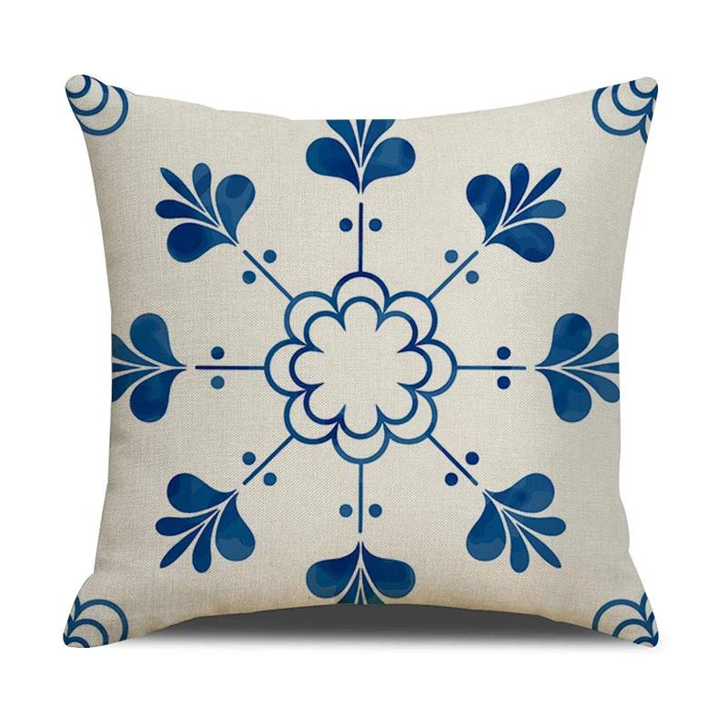 Chinese retro style blue and white ceramic printed fabric linen cotton throw pillow wrapped sofa home decoration pillow