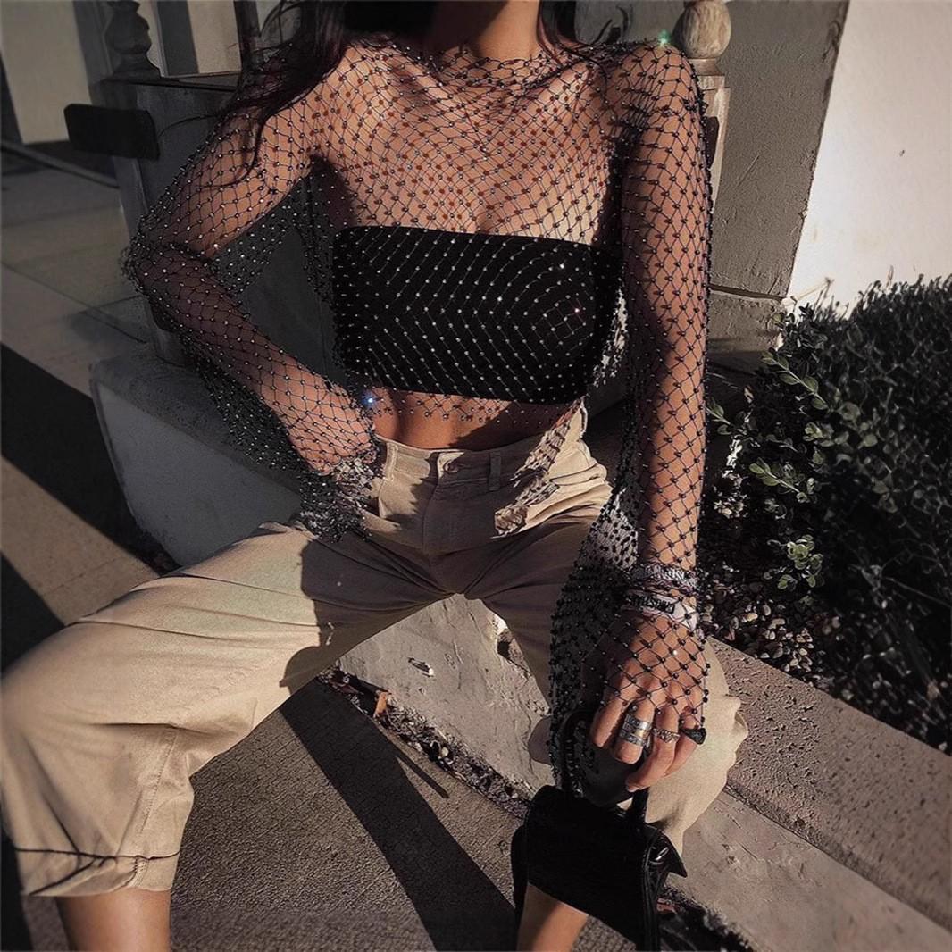 

Женский топ с круглым вырезом и длинными рукавами, женская сексуальная блузка из сетки со стразами, летняя базовая футболка M чёрный