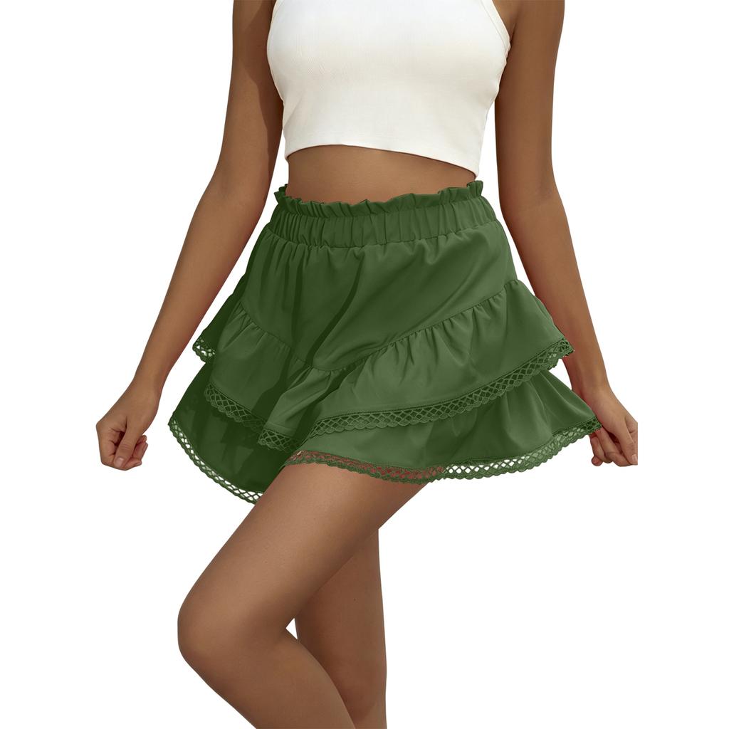 Women’s High Waist Pleated Multilayer Mini Skirt Casual Elastic Waistband Ruffled Tiered Skirt with Lace Trim for Daily Wear