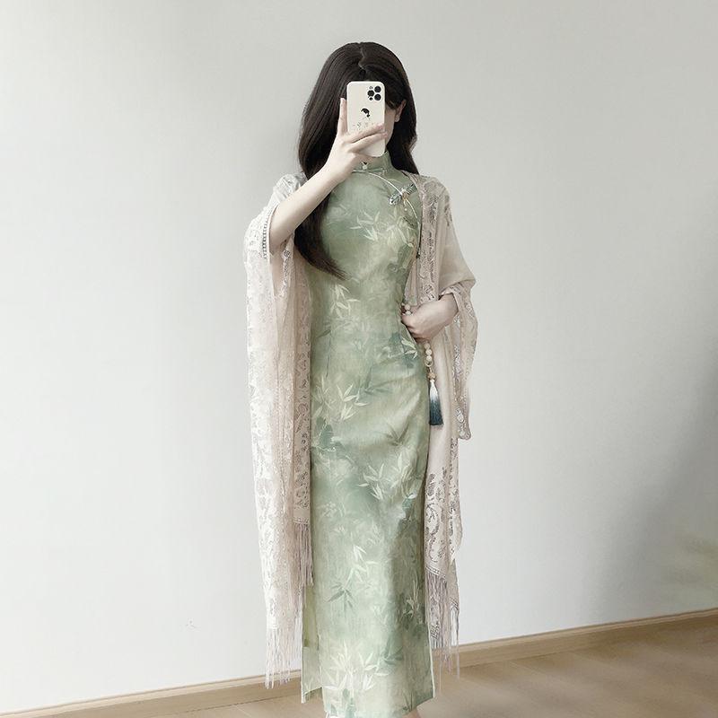 Grüner Cheongsam Damen Sommer Jung Hochwertig Lang Täglich Verbesserung