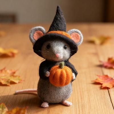 Halloween Felt Mouse Accessories Handmade Animals Statue with Pumpkin Decoration Table Shelf Desk Ornament