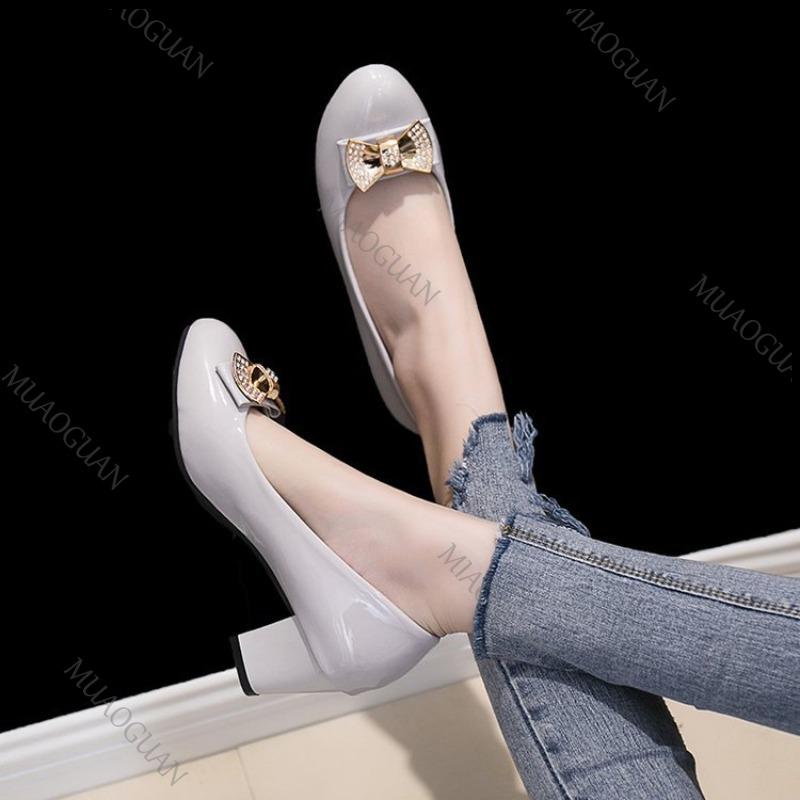 Fashion Women Autumn Round-toe Metal Bow Rhinestone Chunky Heels Single Shoes Elegant Heel Women's Shoes Fashion Soft Leather Work Pumps