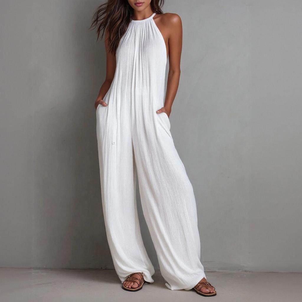 Women's Fashionable, Elegant, Casual, Loose-fitting, Pleated, Backless, Wide-leg Jumpsuit