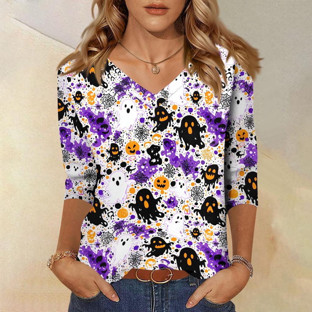 Women's Casual Halloween Print V Neck Top 3/4 Sleeve Lightweight Blouse for Fall Seasonal Wear Comfortable Fit