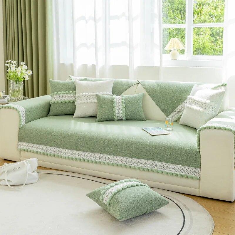 

Chenille Sofa Cover With Floral Embroidery Non Slip Universal Living Room Decor Carpet With Hairball Tassel 70x70cm