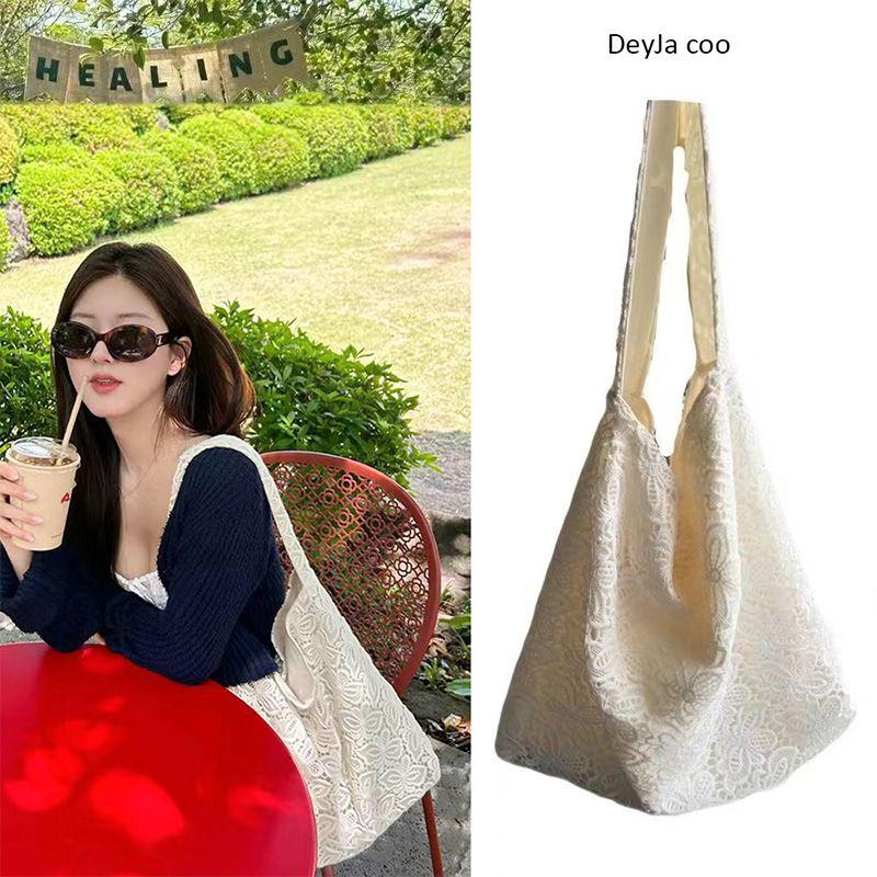 

Zhao Lusi Same Style One Shoulder Bag Summer Seaside Bag Lace Canvas Bag Korean Style Idle Style Large Capacity Totes