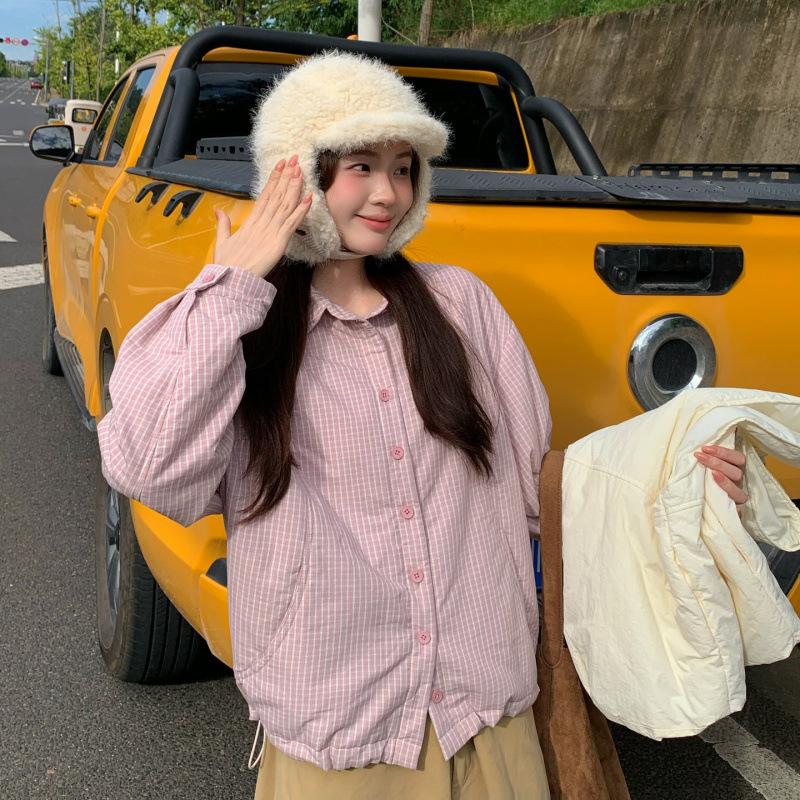 Winter new loose stacked down cotton padded plaid shirt women's college style small coat