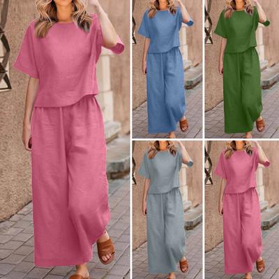 2 szt./zestaw Top damski Zestaw spodni Okrągły dekolt Jednokolorowy T-shirt z krótkim rękawem Regulowana talia Spodnie z szerokimi nogawkami Casual T-shirt Zestaw spodni