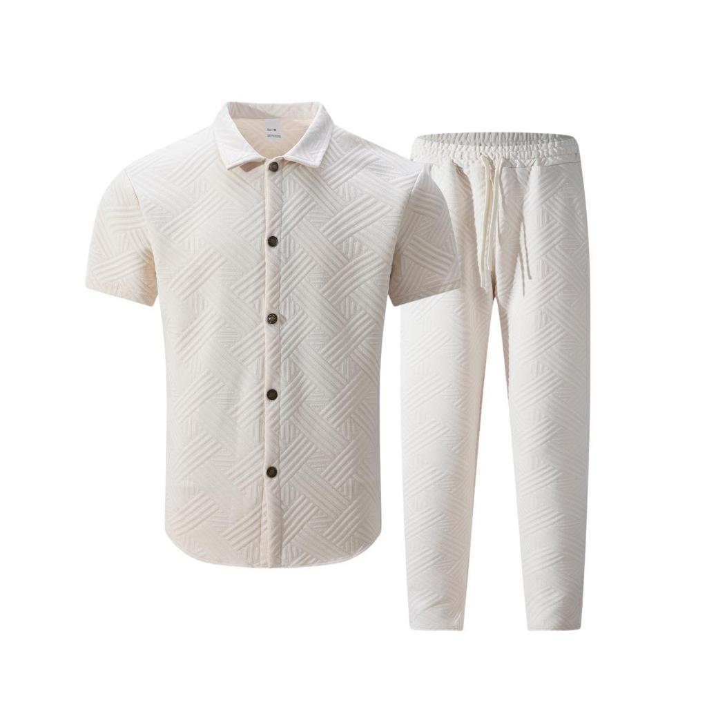 Herren Jacquard Revers Zweiteiliges Set - Kurzarmhemd & Lange Hose für Outdoor Freizeitkleidung