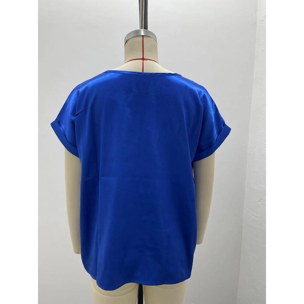 Summer OL Elegant Satin Pullover Round Neck Straight Loose Women T-shirt