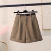 Women's High Waist Corduroy Shorts - Slimming Coffee Wide Leg Korean Style with Rolled Hem