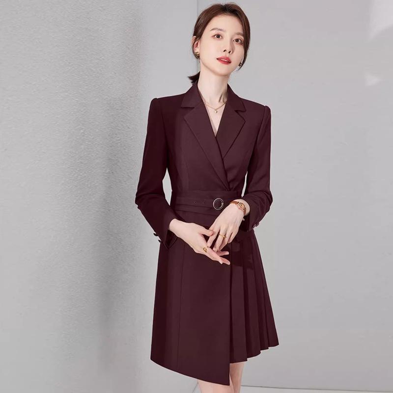 Spring & Autumn Professional Red Pleated Tie-Waist Mid-Length Women's Dress