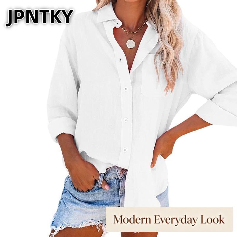 JPNTKY Women's Fashion Casual Solid Color Print Long Sleeve POLO Neck Blouses & Shirts