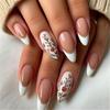 24 Pcs Almond Acrylic Nail Flowers Full Cover Stick On Nail White French Tip Press On Nail Flowers False Nail