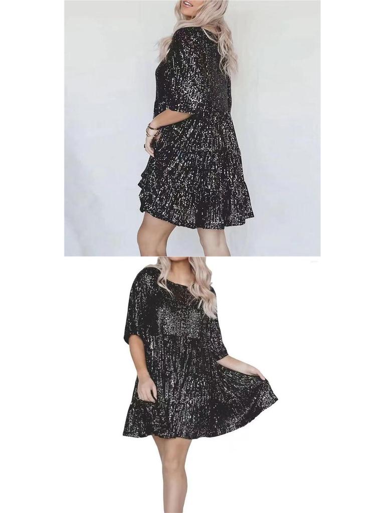 Euro-American Sequin Colorblock Evening Gown: Short Sleeve, Loose Fit, Round Neck