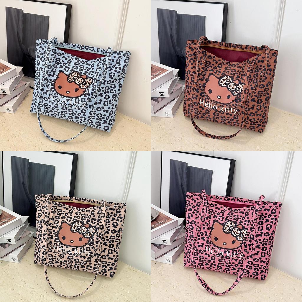 Hello Kitty Leopard Print Canvas Girls Shoulder Bag With Breathable Lightweight Fabric For School And Daily Use