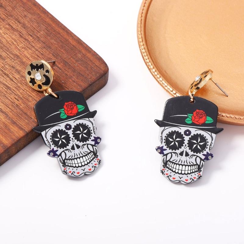 Halloween Acrylic Skull Drop Dangle Earrings Pair, Statement Jewelry for Party Outfits, Costume Wear and Seasonal Styling