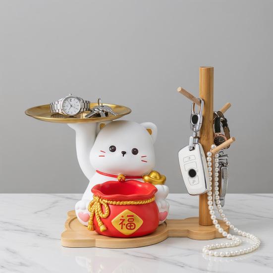 Lucky Cat Key Holder Tray for Entryway Table Resin Fortune Cat