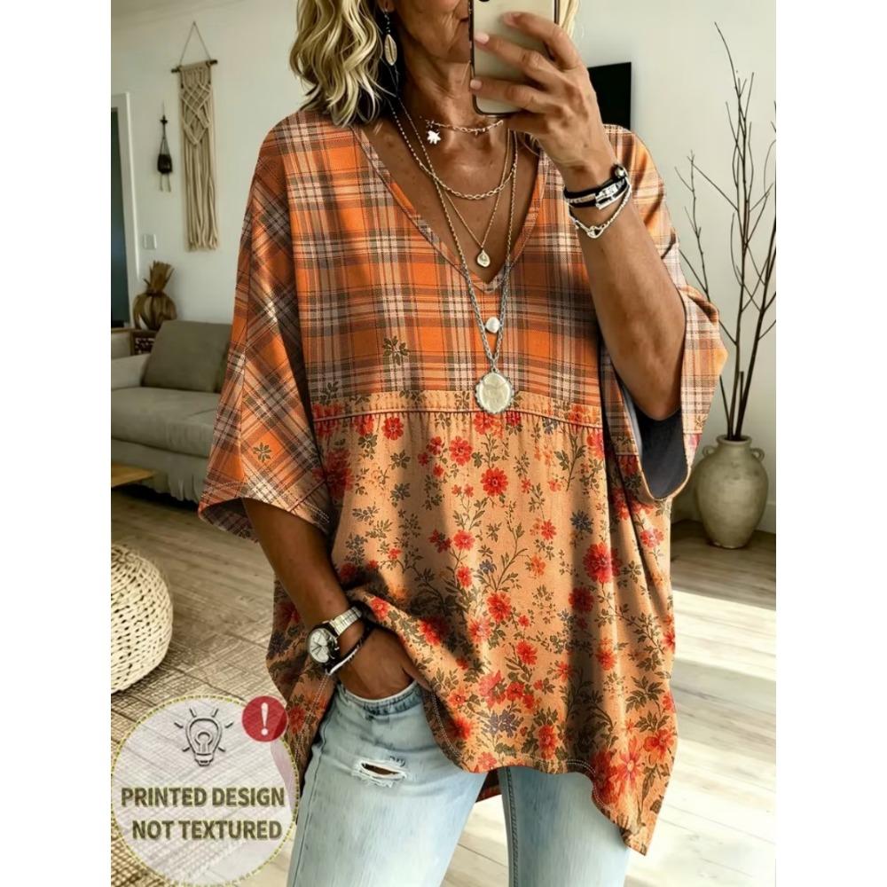 Plus Size Women's Simple Floral Pattern Printed V-neck Top Three-quarter Sleeves Loose Plus Size Casual Daily T-shirt