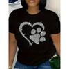 Damen Baumwolle Kurzarm T-Shirts Strass Herz Pfotenabdruck Damen Tee Glitzernd Haustier Liebe Grafik