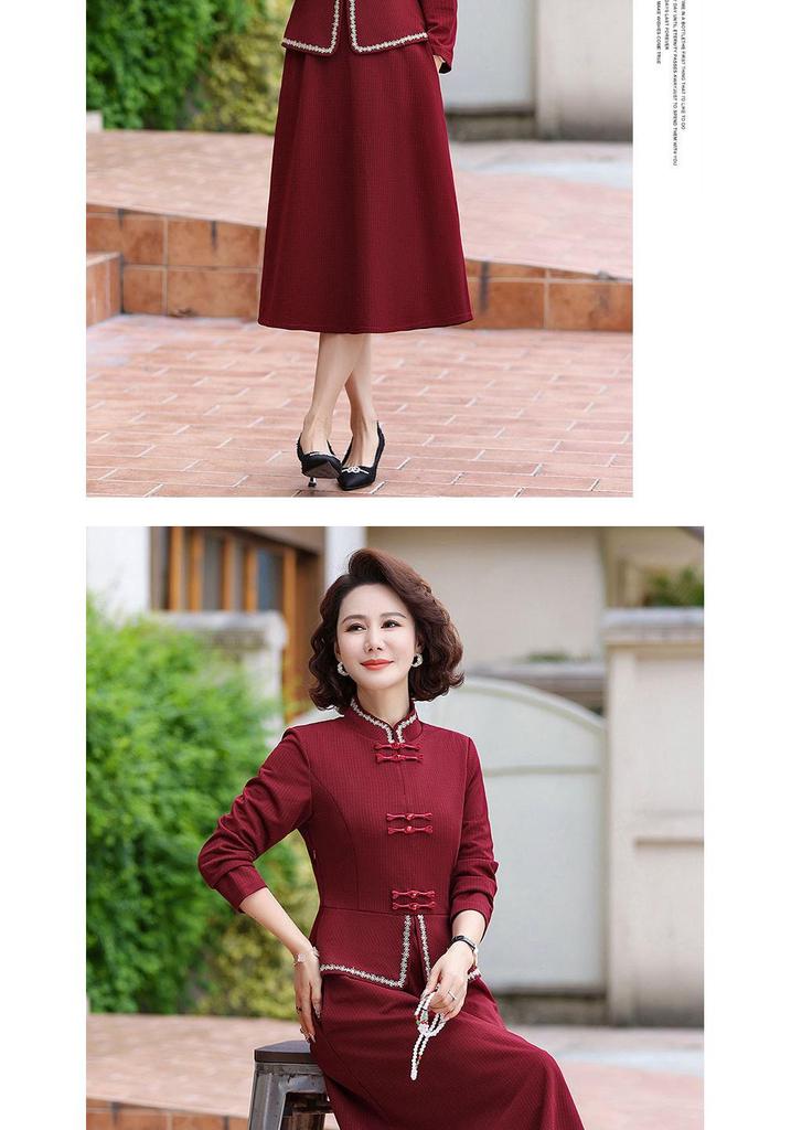 Stylish Two-Piece Faux Dress for Women - Mid-Age Spring/Autumn Design with Belly-Concealing Frog Button