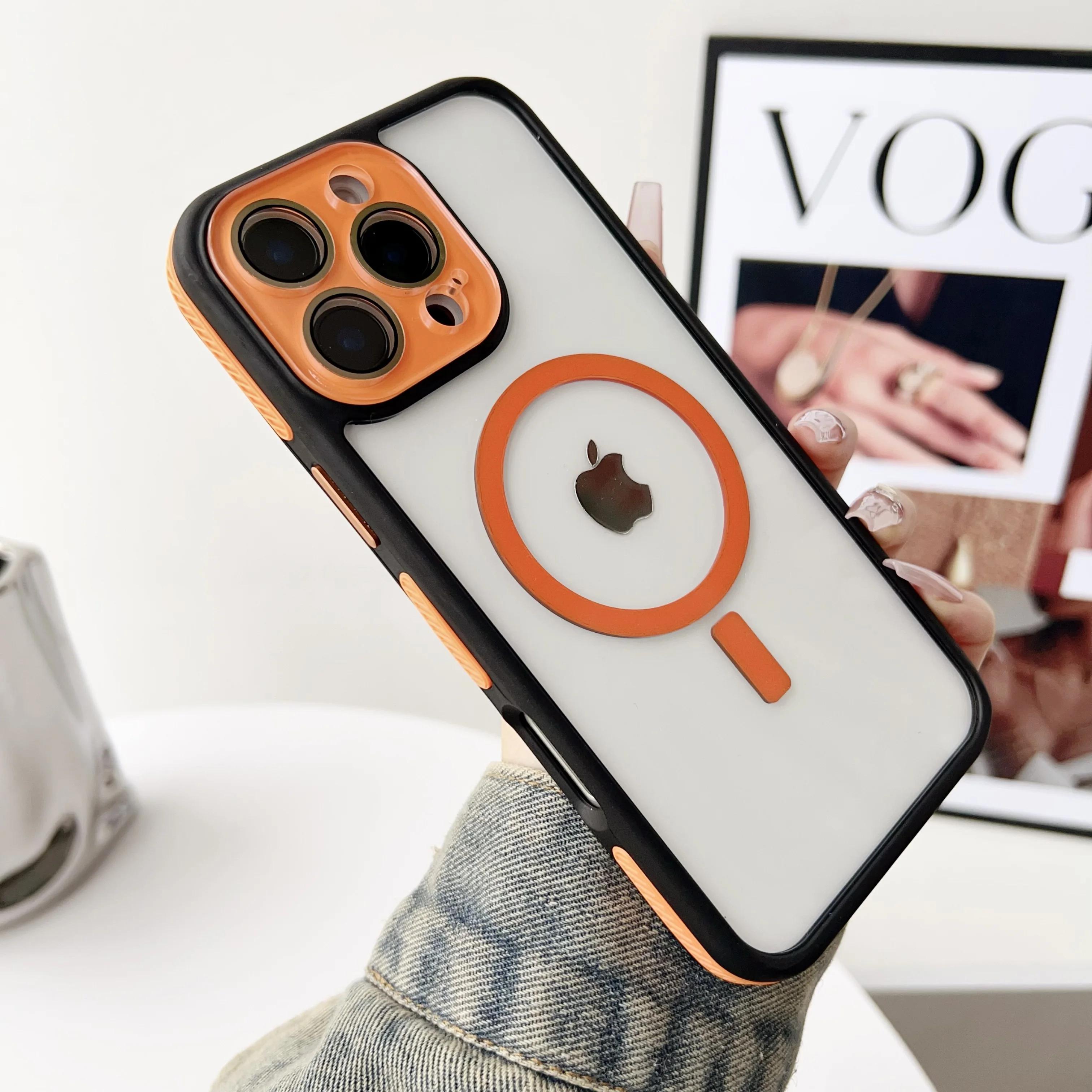 

Роскошный гибридный бронированный чехол Magsafe Wireless Charge для iPhone 16 Plus 15 14 13 12 16 Pro Max Защитное стекло для объектива Противоударное покрытие For iPhone 13Pro Max оранжевый