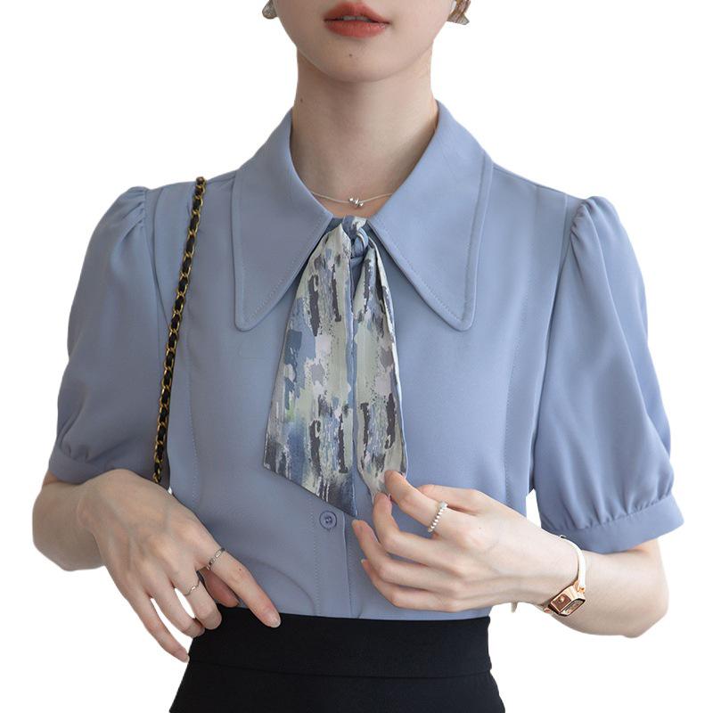 2025 Chic Women's Short Sleeve Chiffon Blouse with Tie – Stylish, Niche Summer Fashion