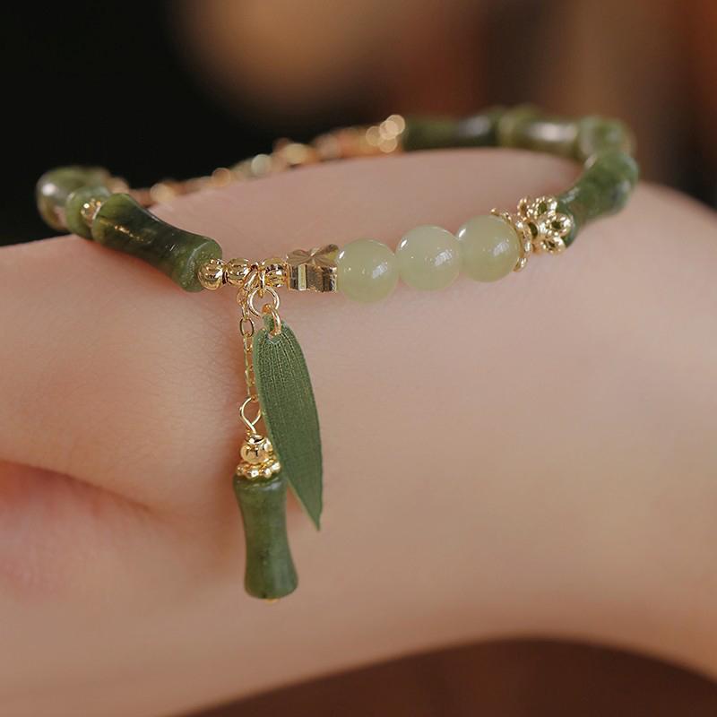 Chinese Style Retro Green Bamboo Joint Beaded Bracelet For Women's Fashion Simple Charm Alloy Leaf Bracelet Jewelry Gift