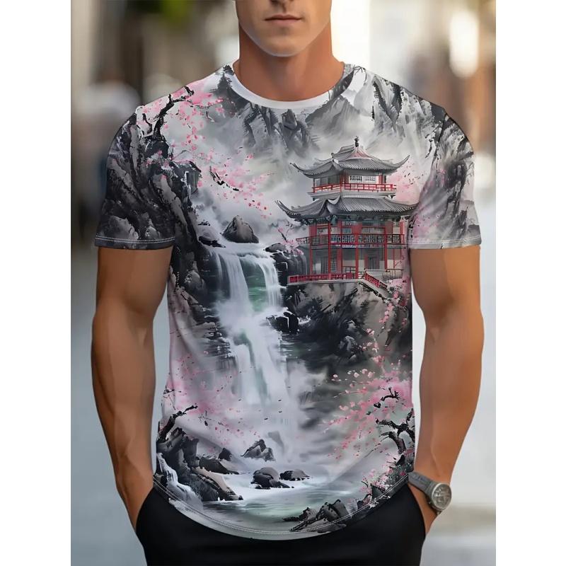 

3D Printed Chinese Painting T Shirt For Men Landscape Flowers Pattern Short-Sleeved S