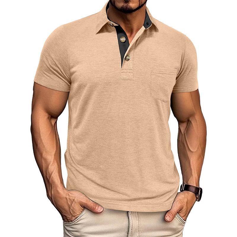 Summer Mens Short Sleeve Turn Down Collar T-Shirt Fashion Patchwork Polos Man
