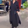 Women's Fashion Autumn Winter Solid Color Print Long Sleeve V-Neck Casual Dresses