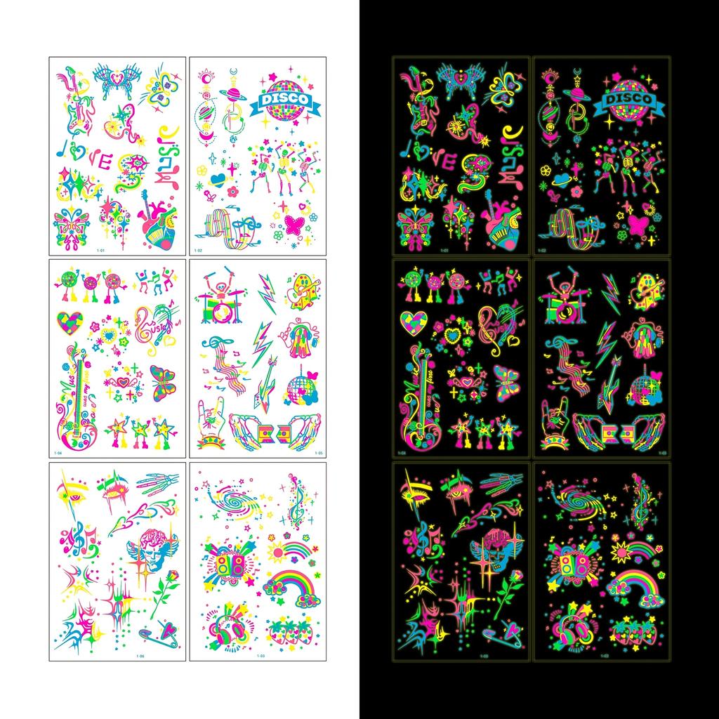 Butterfly Designs 6sheets/set Fake Tattoos Waterproof Face Flash Temporary Tattoo Stickers Blacklight Body And Glow-in-the-dark For  Home
