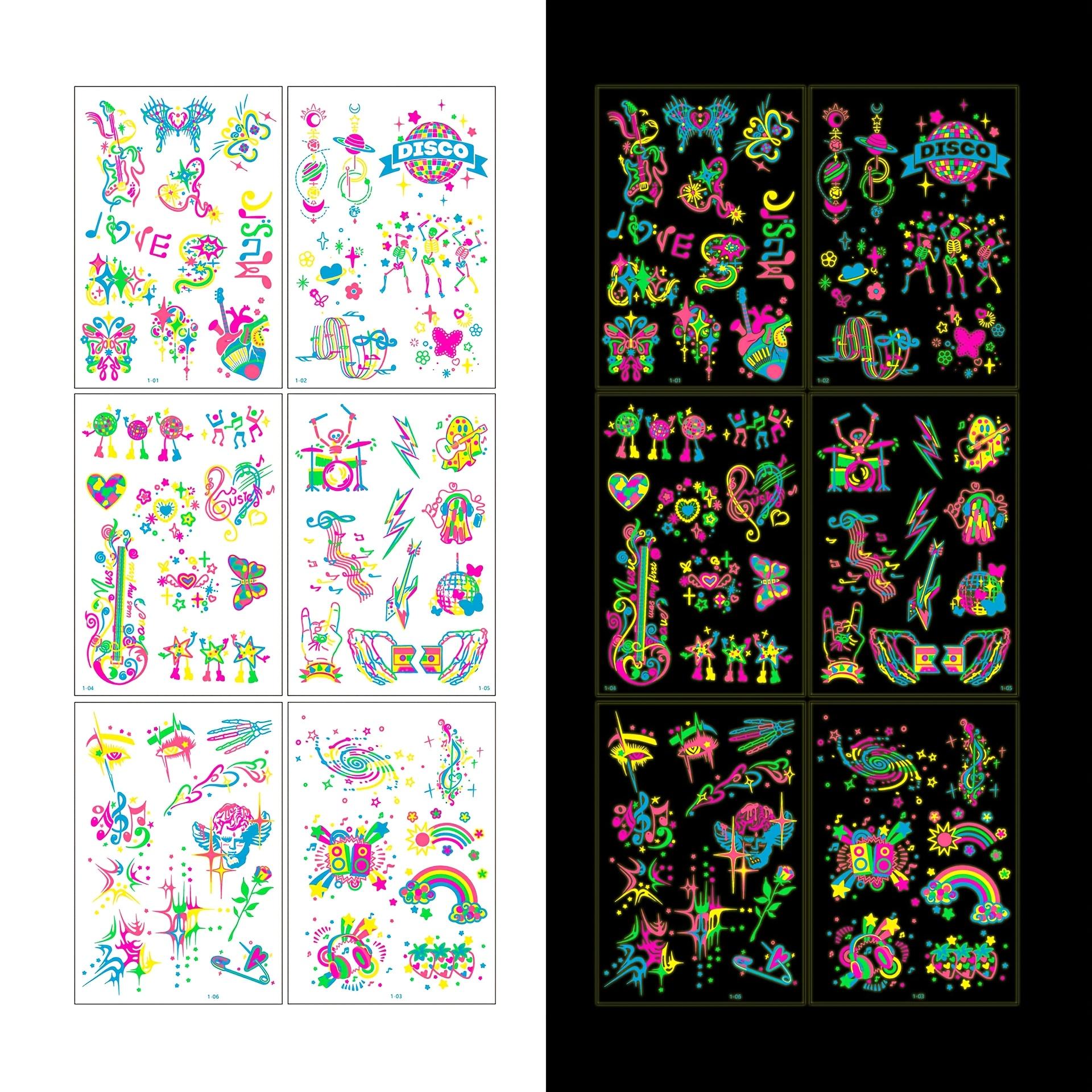 

Fake Tattoos Waterproof Glow-in-the-dark Face Flash Blacklight 6sheets/set For Body And Butterfly Designs Temporary Tattoo Stickers Jewelry Style1 зелений