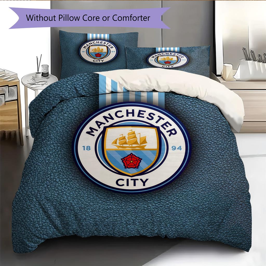 Set Copripiumino Trapuntato con Motivo Manchester City F.C Decorazione per la Casa Regalo (1 * copripiumino + 2 * federe senza imbottitura)
