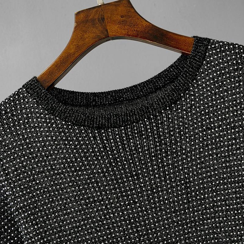 Summer Womens Fashion Basic Knitted T-shirts Female Solid Diamond Round Neck Bottoming Short Sleeve Loose Pullover Tops Solid T-shirts