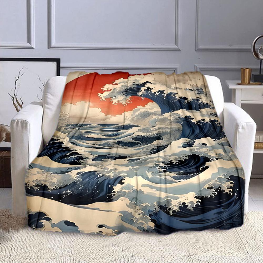 "Raging Waves Under Red Sunset" Patterned flannel blanket perfect for the bedroom living room, sofa, or a little nap