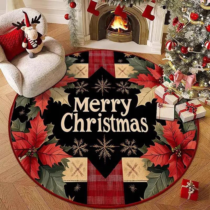 Round Christmas Red Carpet Mat Santa Sleigh Reindeer Rug Poinsettia Ornaments Festive Non-slip Home Decoration for Living Room