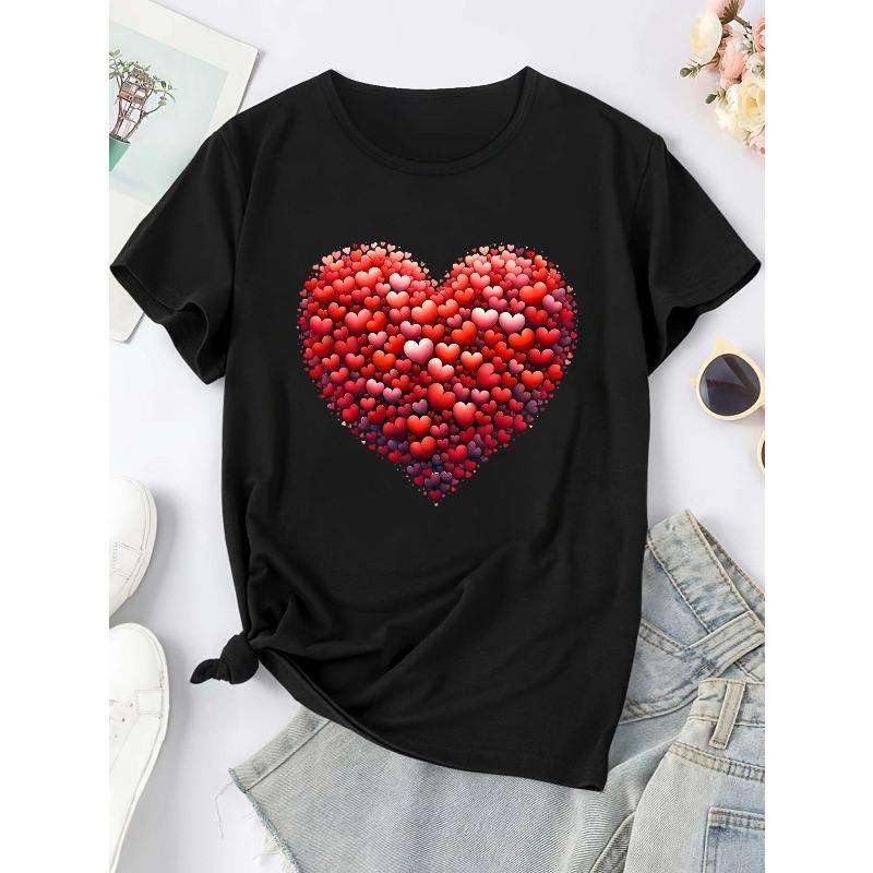 

European Size Y2K Fashion Casual Street Style - Valentine S Day Heart Pattern Printed Women S Round Neck Pullover T-Shirt 4XL чорний