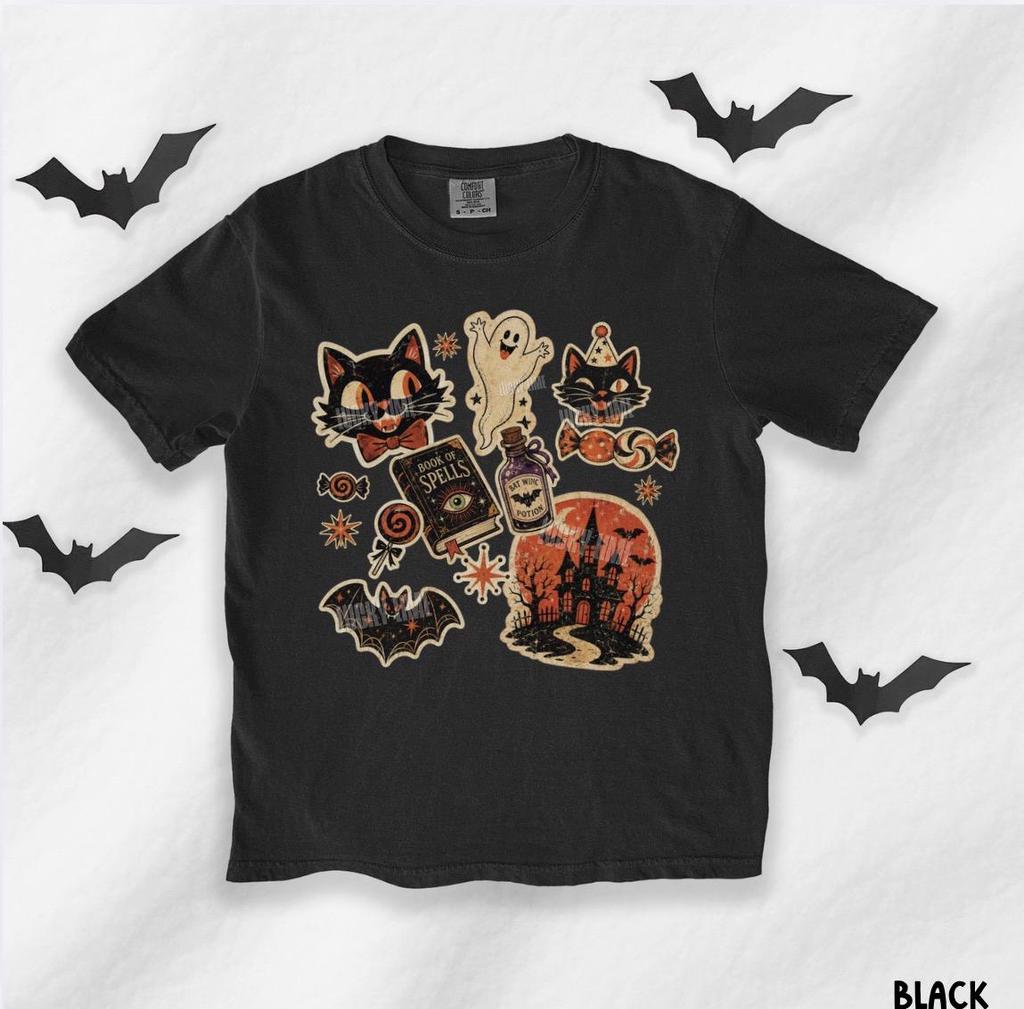 Kids Retro Halloween Shirt, Kids Halloween Tshirt, Black Cat Halloween Tee, Girls Halloween Shirt, Youth Graphic Tee, Kids Trick or Treat