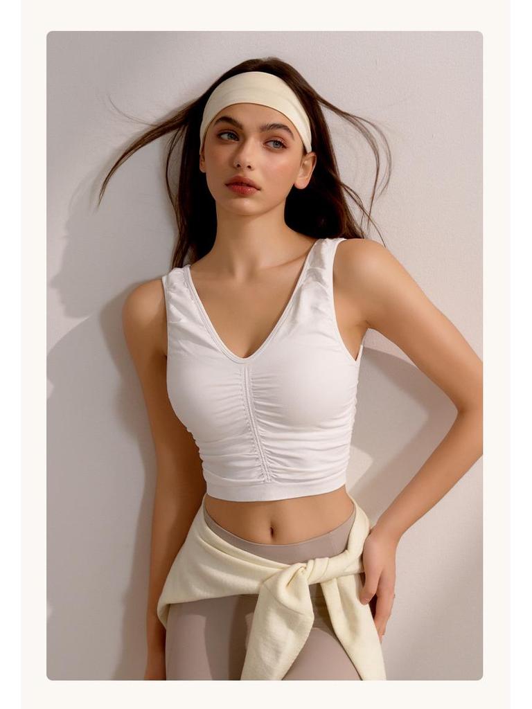 Spring/Summer Women's Ruched Racerback Yoga Vest with Chest Pad - Sexy Sleeveless Top