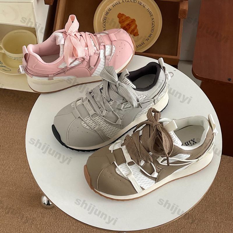 Fashion Women's Sneakers Autumn Lightweight Non Slip Soft Sole Running Shoes Comfortable Fashion Cross Tied Height Increase Casual Shoes