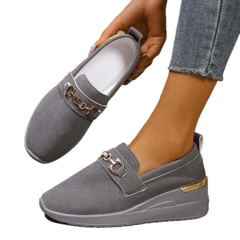 Large size spring and autumn new women's casual one-pedal round head metal buckle wedge heel single shoes